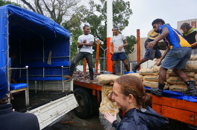 Loading the truck in the rain. 